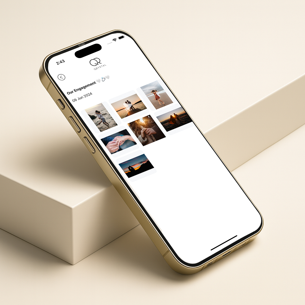 QRystal app showing engagement memories album with photos unlocked via QR technology